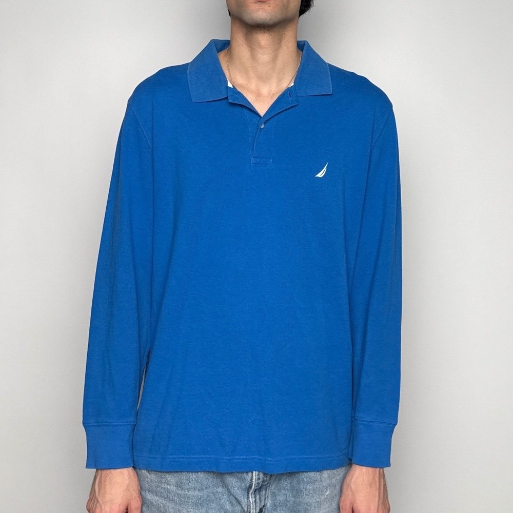 Nautica Mens Long Sleeve Polo Shirt Blue Classic Fit Cotton Logo Large L